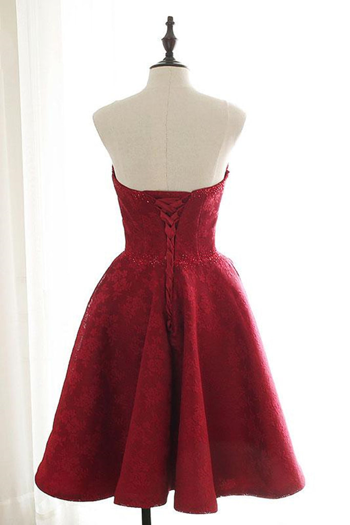 Strapless Backless Burgundy Lace Short Prom Dress, Short Burgundy Lace – abcprom
