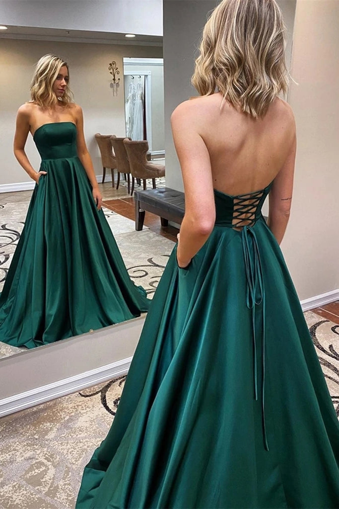 Strapless Backless Emerald Green Long Prom Dress, Backless Emerald Green Formal Graduation Evening Dress