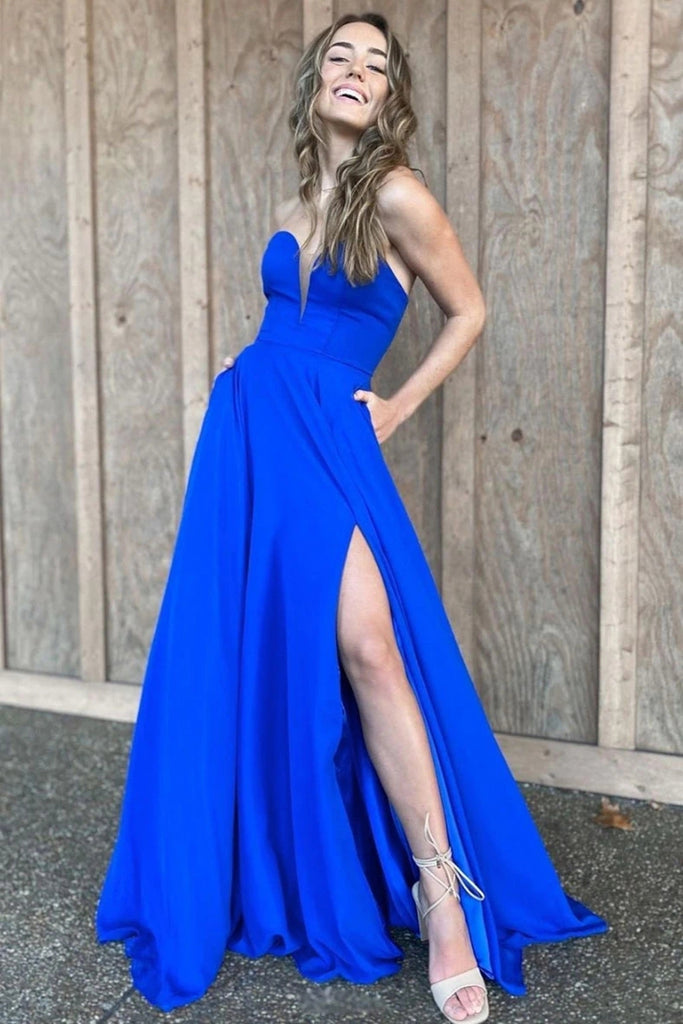 Strapless Backless Long Blue Prom Dress with Slit, Blue Formal Graduation Evening Dress