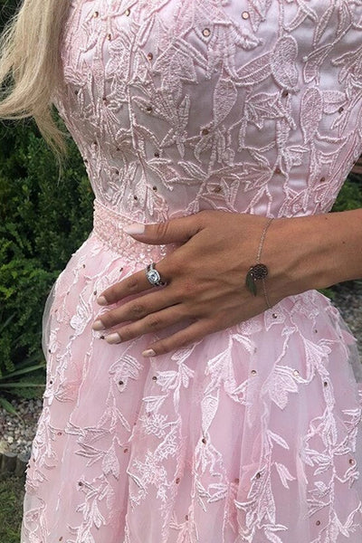 Strapless Beaded Pink Lace Long Prom Dress, Pink Lace Formal Dress, Pink Evening Dress A1716