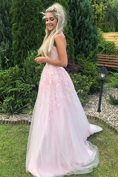 Strapless Beaded Pink Lace Long Prom Dress, Pink Lace Formal Dress, Pink Evening Dress A1716