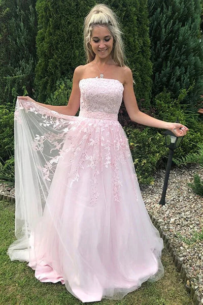 Strapless Beaded Pink Lace Long Prom Dress, Pink Lace Formal Dress, Pink Evening Dress A1716