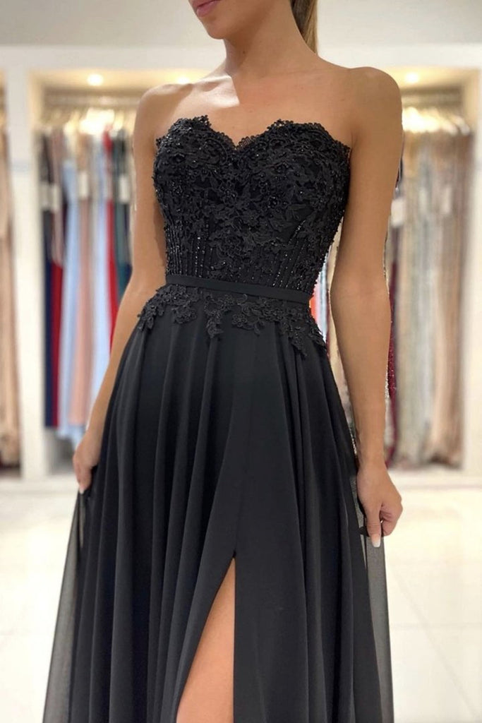 Strapless Black Lace Long Prom Dress with High Slit, Black Lace Formal abcprom Strapless Black Lace Long Prom Dress with High Slit, Black Lace Formal abcprom