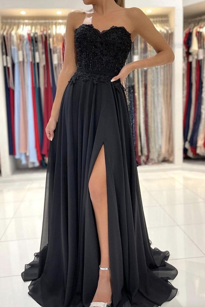 Strapless Black Lace Long Prom Dress with High Slit, Black Lace Formal Graduation Evening Dress A1356