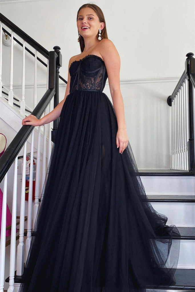 Strapless Black Lace Tulle Long Prom Dress, Black Lace Formal