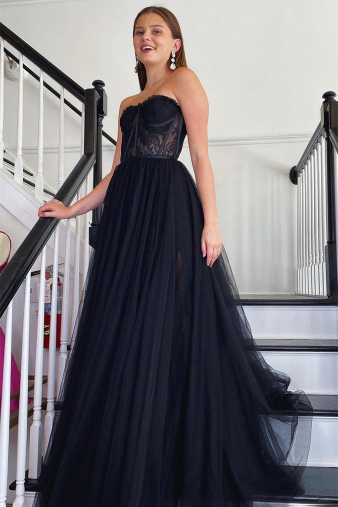 Strapless Black Lace Tulle Long Prom Dress, Black Lace Formal Dress, B abcprom Strapless Black Lace Tulle Long Prom Dress, Black Lace Formal Dress, B abcprom