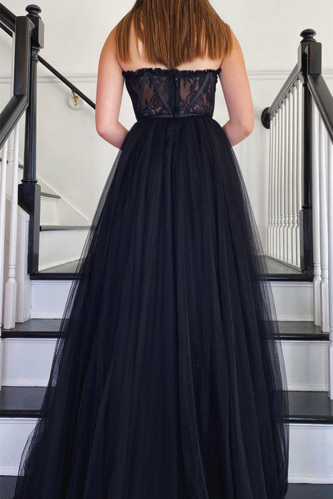 Strapless Black Lace Tulle Long Prom Dress, Black Lace Formal Dress, Black  Evening Dress A1685