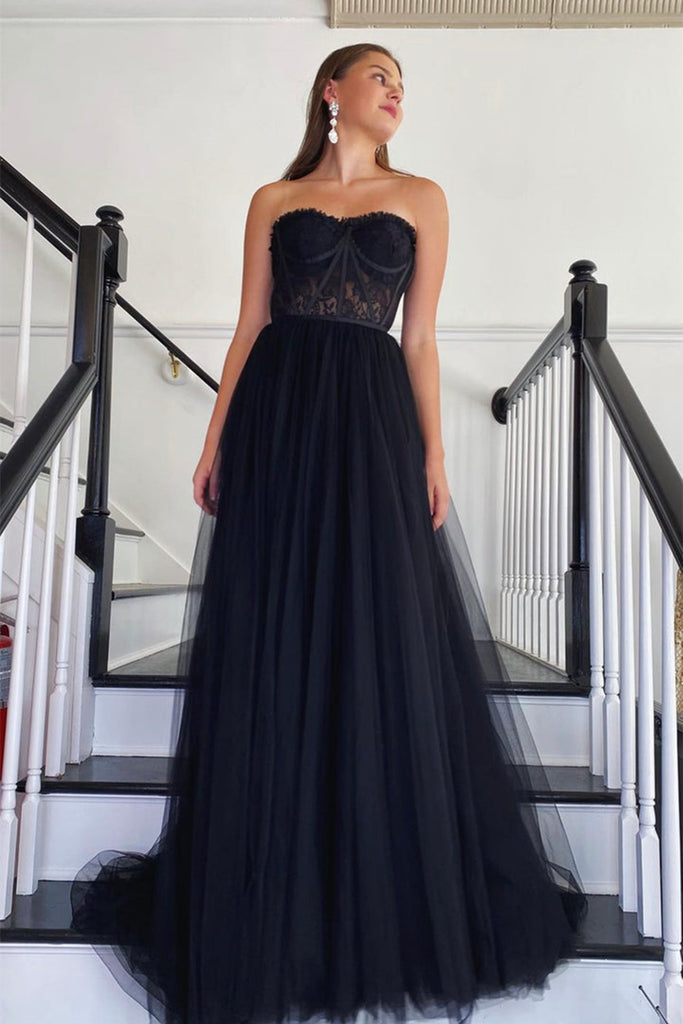 strapless black prom dress Strapless Black Lace Tulle Long Prom Dress, Black Lace Formal Dress, B – abcprom