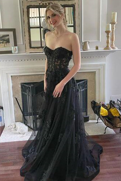 Strapless Black Lace Tulle Long Prom Dress, Black Lace Formal Dress, Long Black Evening Dress A1796