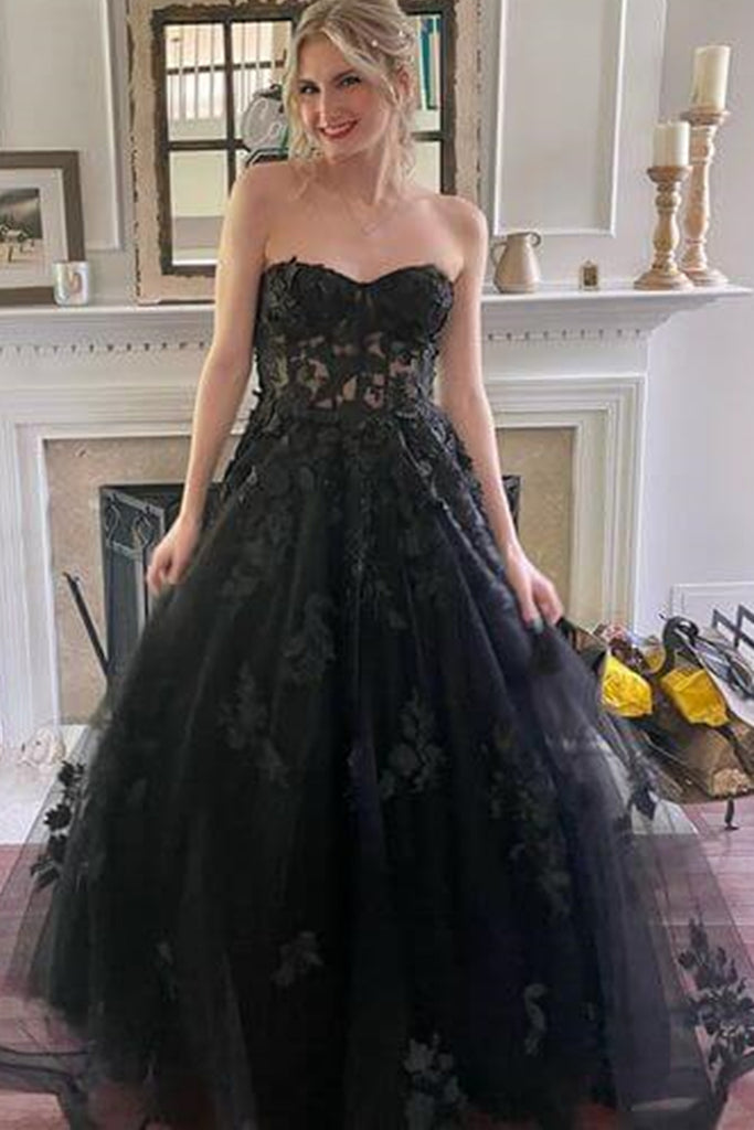 Strapless Black Lace Tulle Long Prom Dress, Black Lace Formal Dress, L abcprom Strapless Black Lace Tulle Long Prom Dress, Black Lace Formal Dress, L abcprom
