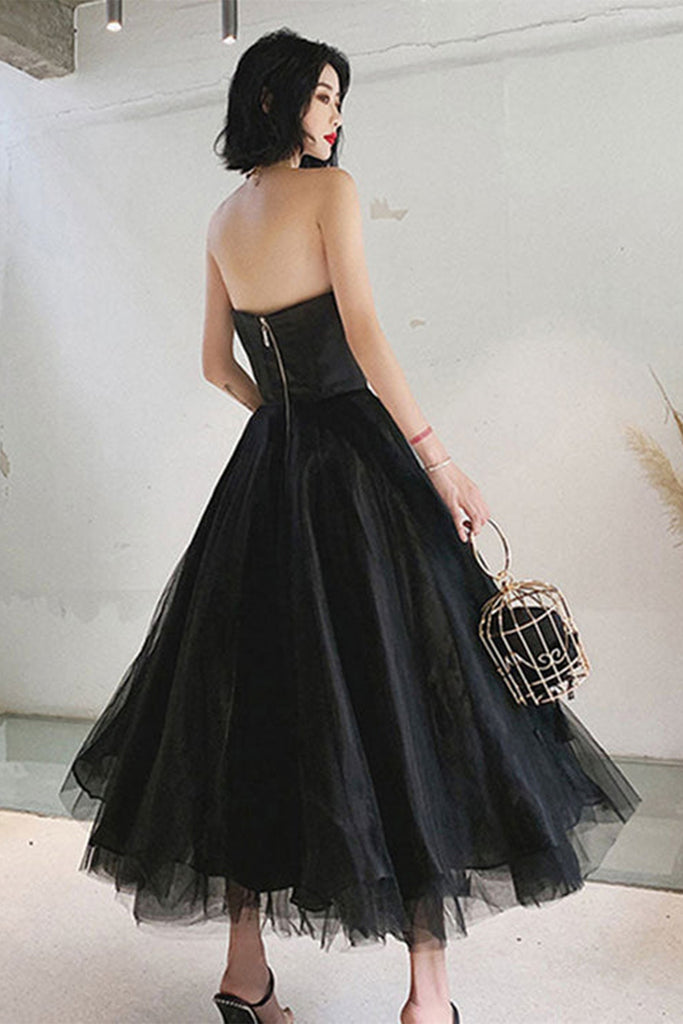 Strapless Black Tulle Tea Length Prom Dress, Black Tulle Homecoming Dr abcprom Strapless Black Tulle Tea Length Prom Dress, Black Tulle Homecoming Dr abcprom