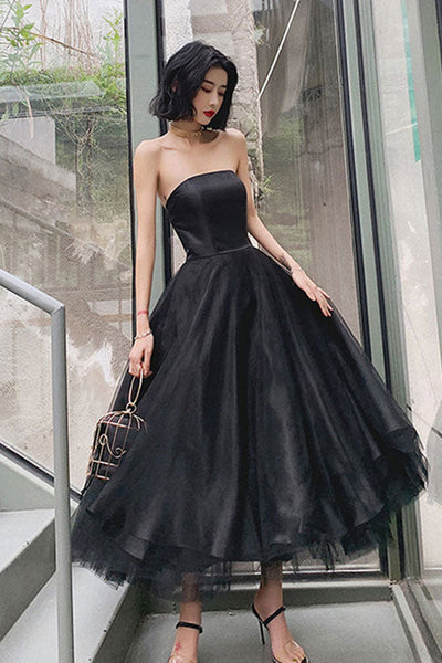Strapless Black Tulle Tea Length Prom Dress, Black Tulle Homecoming Dress, Short Black Formal Graduation Evening Dress A1612