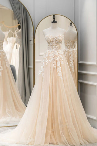 Strapless Champagne Lace Tulle Long Prom Dress, Champagne Lace Formal Evening Dress A1677