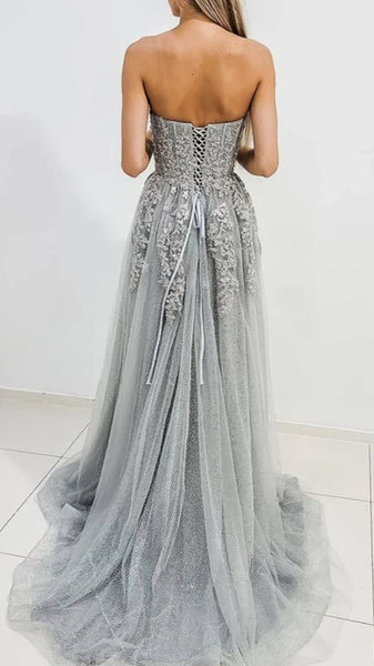 Strapless Gray Tulle Lace Long A Line Prom Dresses with High Slit, Gray Lace Formal Graduation Evening Dresses A1842