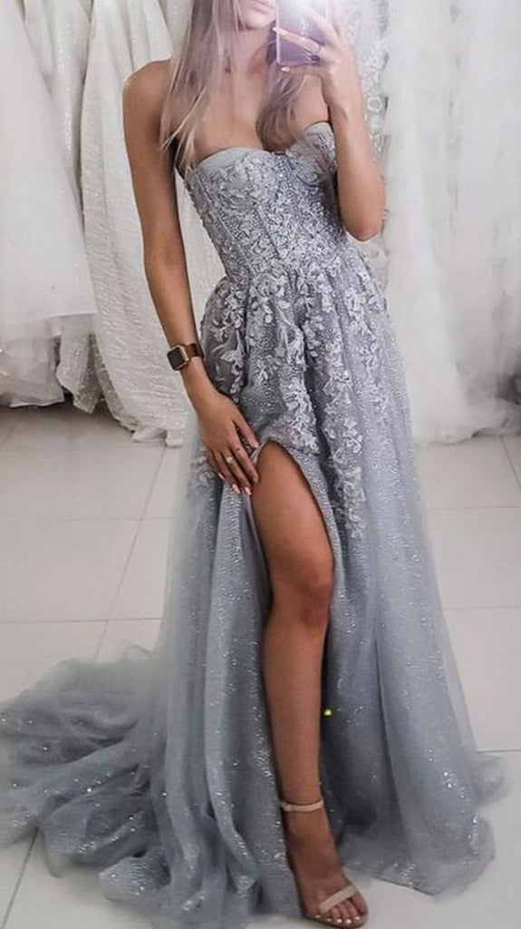 Strapless Gray Tulle Lace Long A Line Prom Dresses with High Slit, Gra abcprom Strapless Gray Tulle Lace Long A Line Prom Dresses with High Slit, Gra abcprom