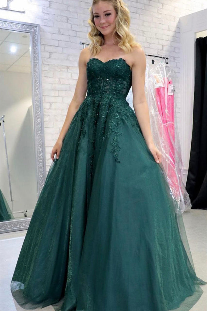 A Line V Neck Sage Green Lace Prom Dresses, Green Lace Formal Gradution  Dresses