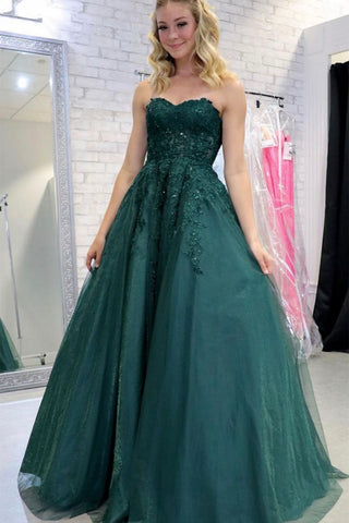 Strapless Green Lace Tulle Long Prom Dress, Green Lace Formal Graduation Evening Dress A1604
