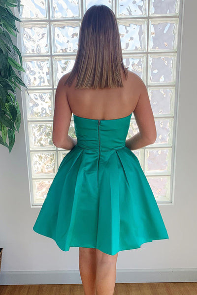 Strapless Green Satin Short Prom Homecoming Dress with Pocket, Beaded Green Formal Graduation Evening Dress A1634
