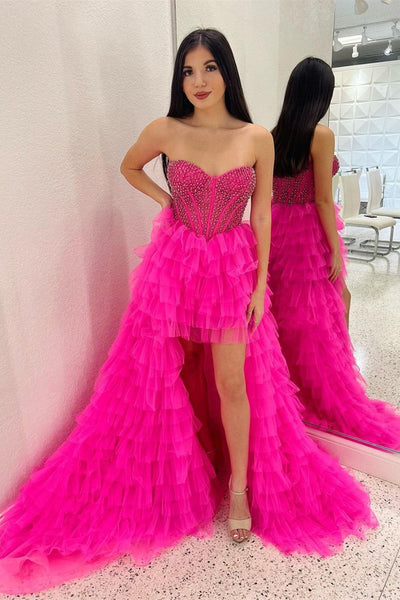 Strapless High Low Beaded Hot Pink Tulle Long Prom Dress, Beaded Hot Pink Formal Evening Dress A1484