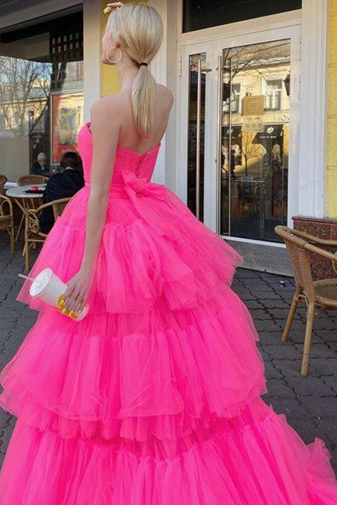 Strapless High Low Layered Hot Pink Tulle Long Prom Dress, High Low Ho abcprom Strapless High Low Layered Hot Pink Tulle Long Prom Dress, High Low Ho abcprom