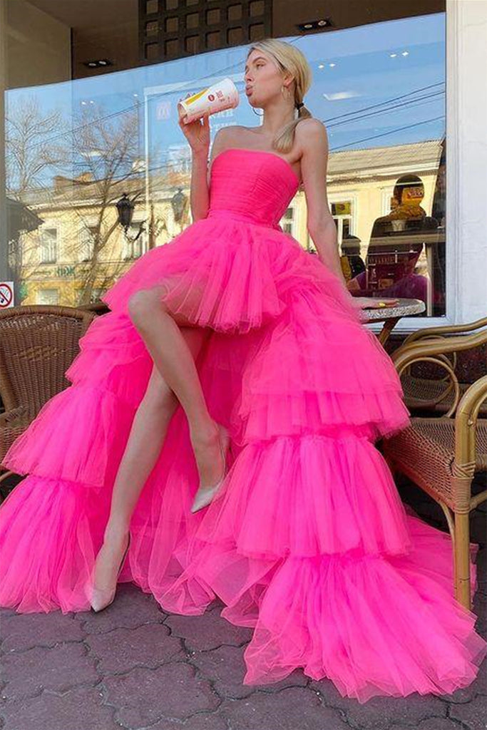 Strapless High Low Layered Hot Pink Tulle Long Prom Dress, High Low Ho abcprom Strapless High Low Layered Hot Pink Tulle Long Prom Dress, High Low Ho abcprom
