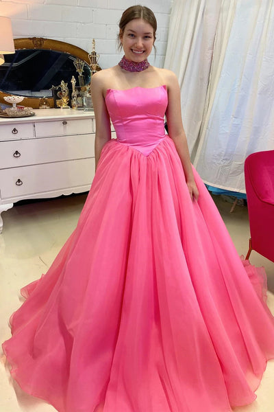 Strapless Hot Pink Tulle Long Prom Dress, Long Hot Pink Formal Graduat ...