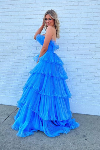 Strapless Layered Blue Long Prom Dresses, Open Back Blue Formal Evening Dresses, Blue Ball Gown A1867