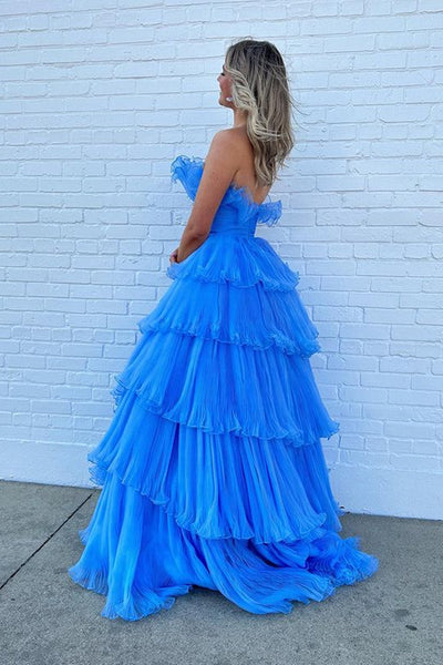 Strapless Layered Blue Long Prom Dresses, Open Back Blue Formal Evening Dresses, Blue Ball Gown A1867