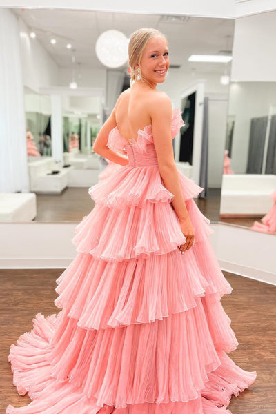 Strapless Layered Pink Tulle Long Prom Dress, Long Pink Formal Evening Dress, Ball Gown A1828