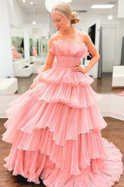 Strapless Layered Pink Tulle Long Prom Dress, Long Pink Formal Evening Dress, Ball Gown A1828