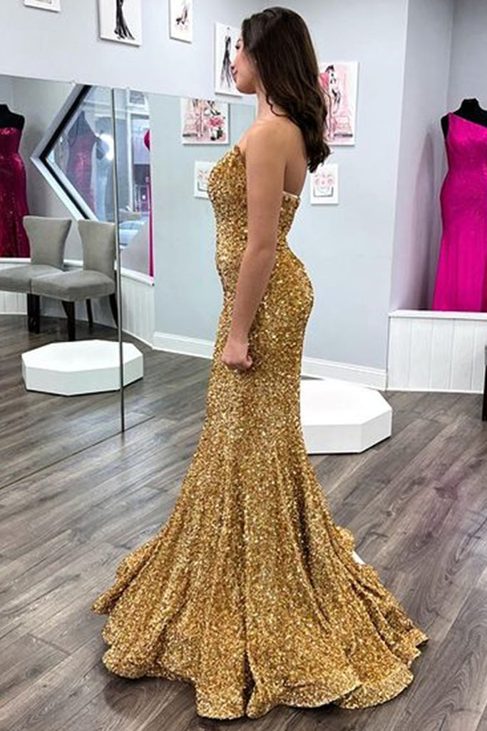 gold sequin strapless backless mermaid prom dress gold strapless dress Gold Sequin Strapless Backless Mermaid Long Prom Dress with Slit Modsele