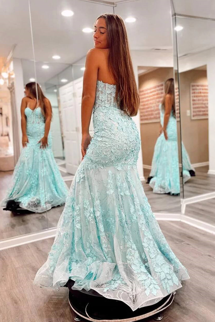 Strapless Mermaid Green Lace Long Prom Dress, Green Lace Formal Dress, abcprom Strapless Mermaid Green Lace Long Prom Dress, Green Lace Formal Dress, abcprom