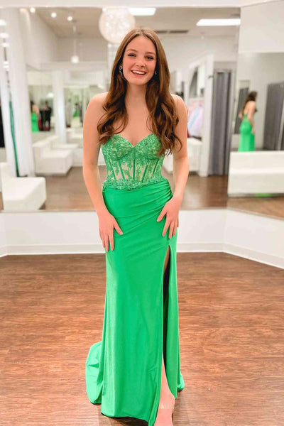 Strapless Mermaid Green Lace Long Prom Dress with High Slit, Mermaid Green Formal Dress, Green Lace Evening Dress A1820
