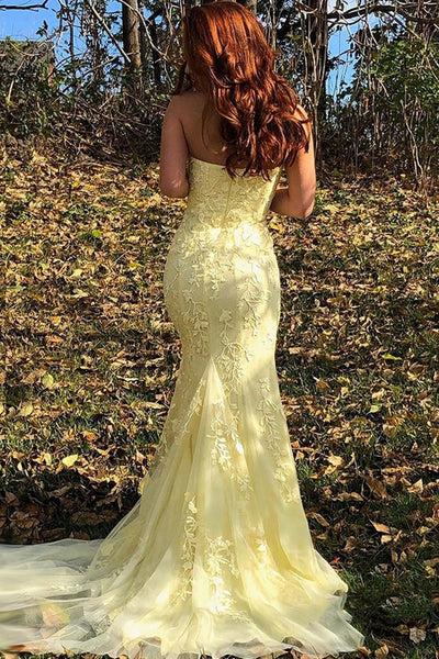 Strapless Mermaid Yellow/Pink/Purple Lace Prom Dresses, Yellow/Pink/Purple Lace Mermaid Formal Evening Dresses