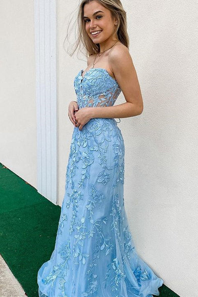 Strapless Mermaid Light Blue Lace Long Prom Dress, Mermaid Blue Formal Dress, Light Blue Lace Evening Dress A1836