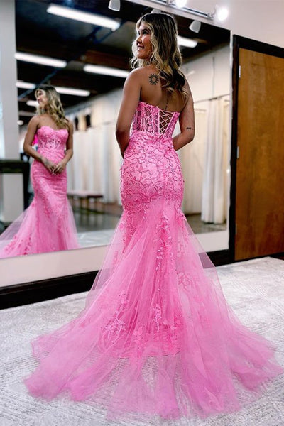 Strapless Mermaid Pink Lace Long Prom Dress, Beaded Pink Lace Formal Dress, Mermaid Pink Evening Dress A1726