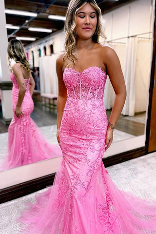 Strapless Mermaid Pink Lace Long Prom Dress, Beaded Pink Lace Formal Dress, Mermaid Pink Evening Dress A1726