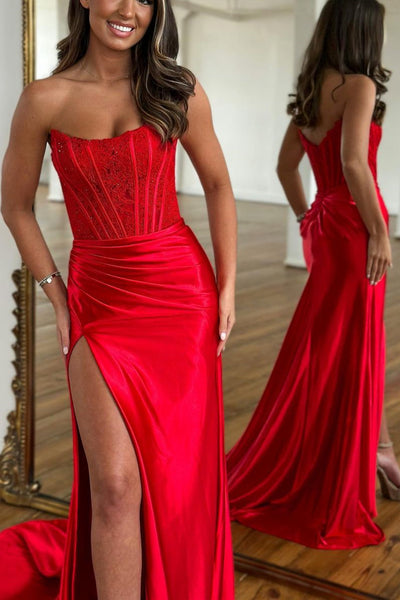 Strapless Mermaid Red Lace Long Prom Dress, Mermaid Red Formal Dress, Red Lace Evening Dress A1824
