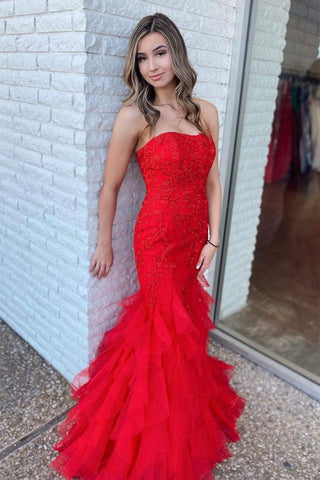 Strapless Mermaid Red Lace Long Prom Dress, Mermaid Red Formal Dress, Red Lace Evening Dress A1394