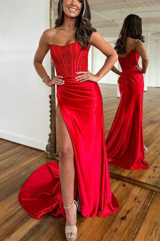 Strapless Mermaid Red Lace Long Prom Dress, Mermaid Red Formal Dress, Red Lace Evening Dress A1824