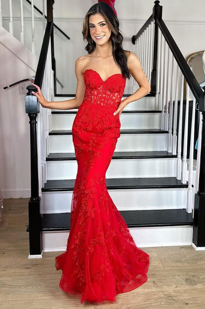 Strapless Mermaid Red Lace Long Prom Dress, Red Lace Formal Dress, Mer – abcprom Strapless Mermaid Red Lace Long Prom Dress, Red Lace Formal Dress, Mer – abcprom