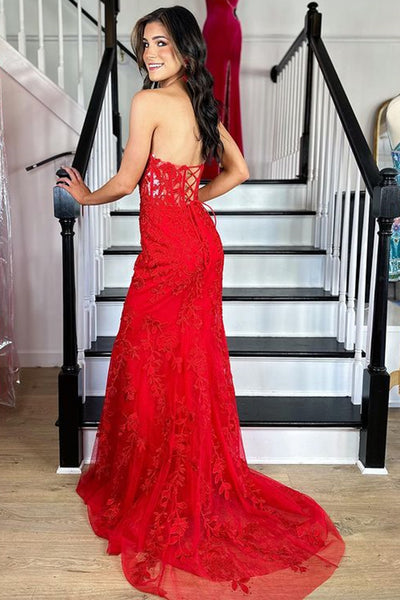 Strapless Mermaid Red Lace Long Prom Dress, Red Lace Formal Dress, Mermaid Red Evening Dress A1767
