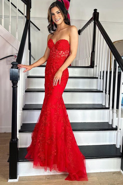 Strapless Mermaid Red Lace Long Prom Dress, Red Lace Formal Dress, Mermaid Red Evening Dress A1767
