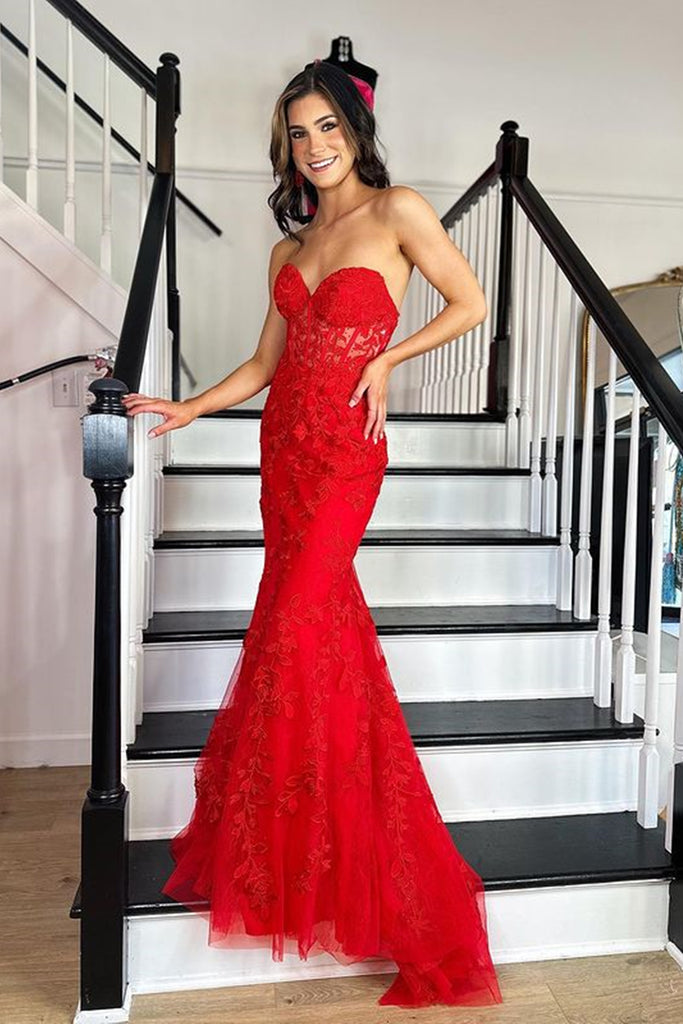Strapless Mermaid Red Lace Long Prom Dress, Red Lace Formal Dress, Mer abcprom Strapless Mermaid Red Lace Long Prom Dress, Red Lace Formal Dress, Mer abcprom