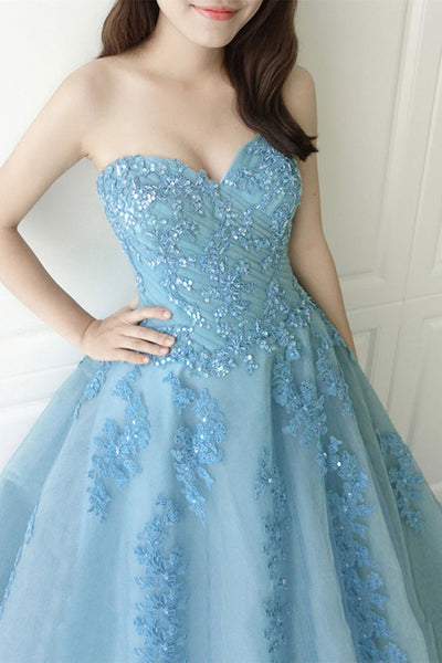 Strapless Open Back Blue Lace Long Prom Dress, Blue Lace Formal Dress, Long Blue Evening Dress A1668
