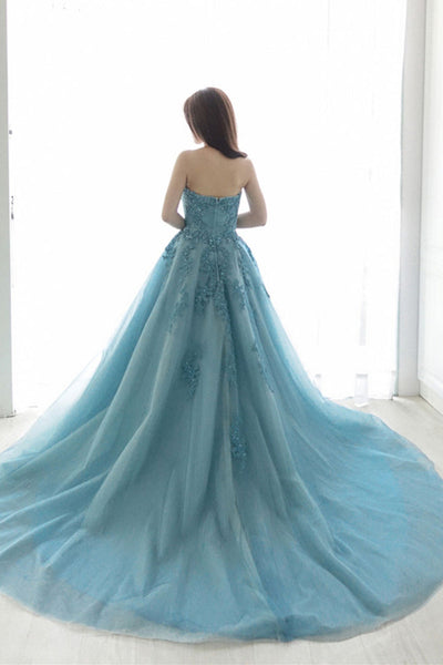 Strapless Open Back Blue Lace Long Prom Dress, Blue Lace Formal Dress, Long Blue Evening Dress A1668