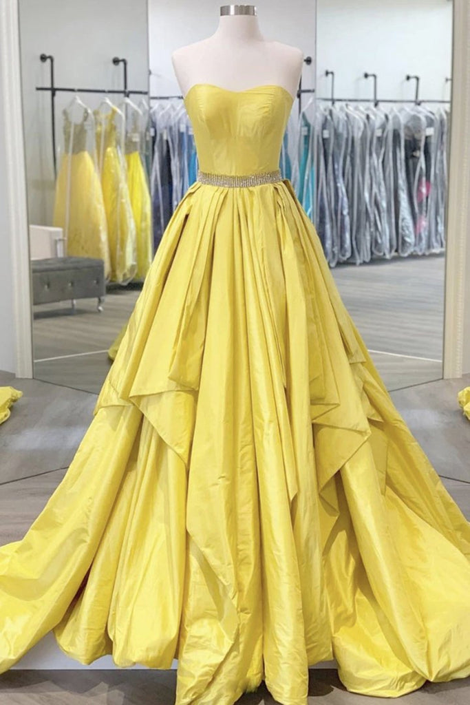 Strapless Open Back Fluffy Yellow Satin Long Prom Dress, Layered Yello abcprom Strapless Open Back Fluffy Yellow Satin Long Prom Dress, Layered Yello abcprom