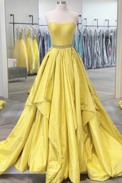 Strapless Open Back Fluffy Yellow Satin Long Prom Dress, Layered Yellow Formal Evening Dress