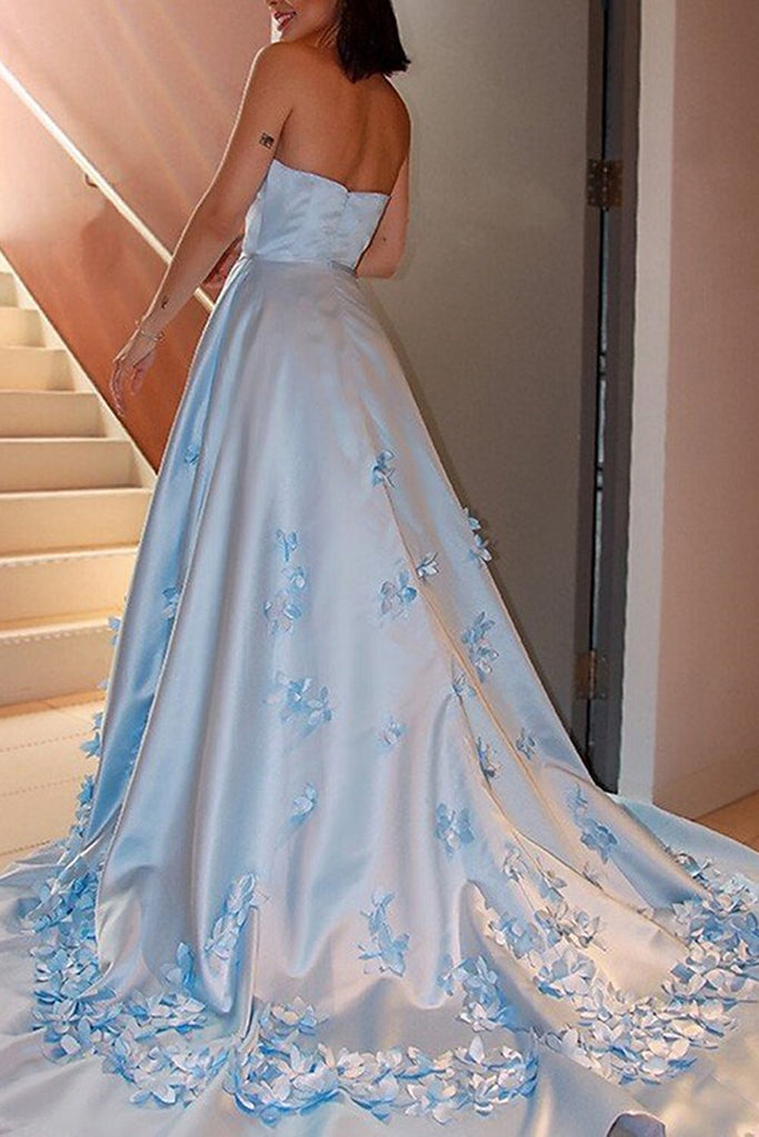 Strapless Open Back Light Blue Satin Long Prom Dress with Flowers, Lig – abcprom Strapless Open Back Light Blue Satin Long Prom Dress with Flowers, Lig – abcprom