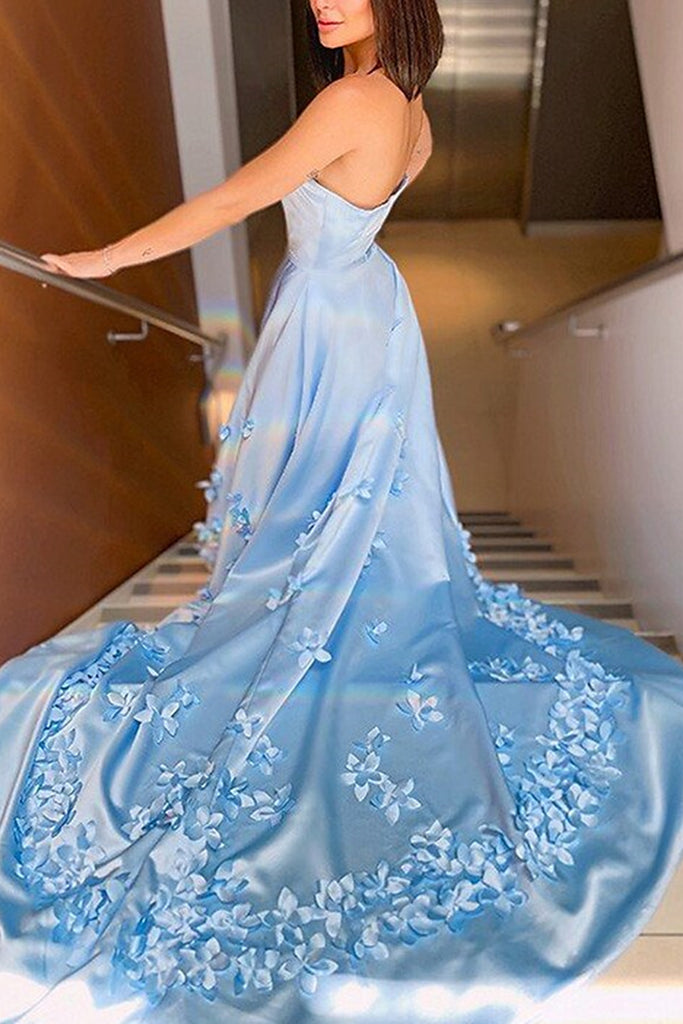 blue satin dress with flowers Blue Bouquet Floral Silk Satin Dress